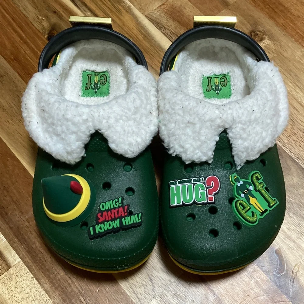 CROCS Kids Elf Holidays Green and Yellow Slippers with Plush Lining‎ Toddler 11